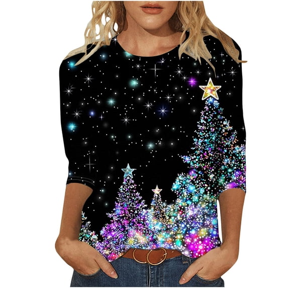 GERsome Women's Shirts Christmas Tree Graphic Tee Casual Crew Neck Pullover Tops 3/4 Sleeve Loose Soft Tshirts Xmas Shirts for Women Size 5XL