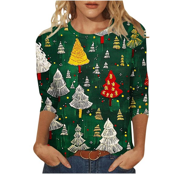 GERsome Women's Shirts Christmas Tree Graphic Tee Casual Crew Neck Pullover Tops 3/4 Sleeve Loose Soft Tshirts Xmas Shirts for Women Size XL
