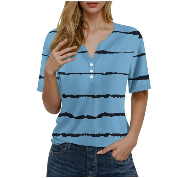 GERsome Women's Short Sleeve T Shirt Button V-Neck Striped Color Block Tops Soft Lightweight Summer Shirts Loose Fit Basic Tops S-3XL
