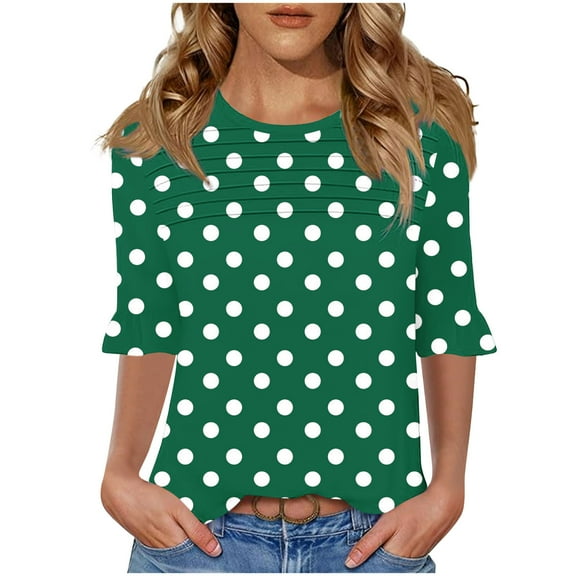 GERsome Women's Short Sleeve T-Shirts 3/4 Ruffle Sleeve Crew Neck Loose Fit Shirts Polka Dots Summer Casual Tunic Tops, Sizes S-3XL