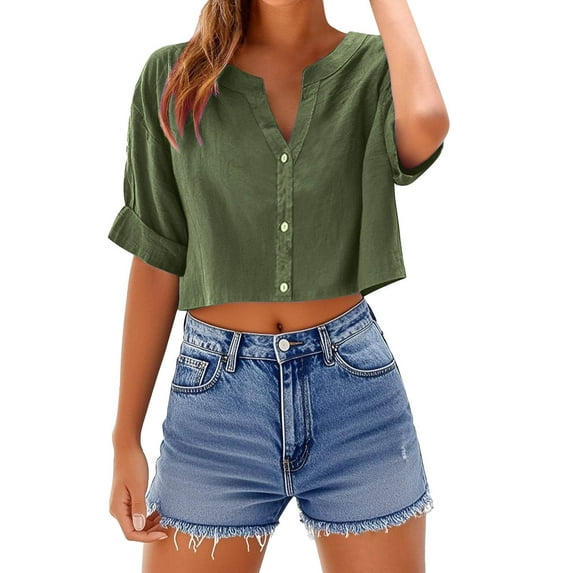 GERsome Women's Short Sleeve T-Shirts Button Down V Neck Crop Tops Summer Loose Fit Solid Color Basic Tees, Sizes S-2XL