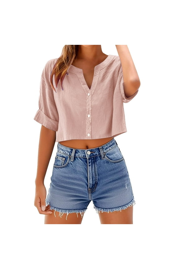 Women's Short Sleeve T-Shirts Button Down V Neck Crop Tops Summer Loose Fit Solid Color Basic Tees, Sizes S-2XL