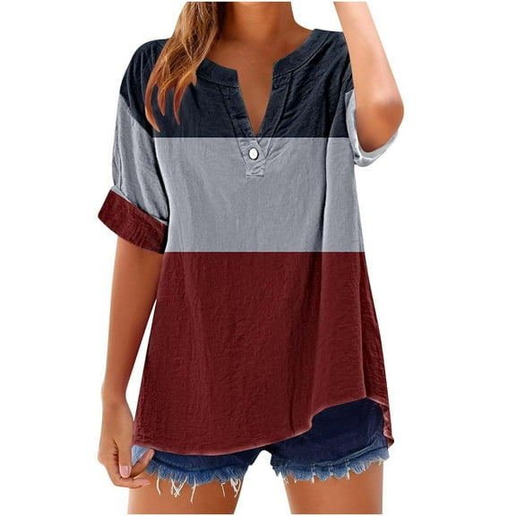 GERsome Women's Short Sleeve T Shirts Button V Neck Tops Casual Color Block Striped Tees Lightweight Soft Loose Fit Summer Shirts, Sizes S-2XL