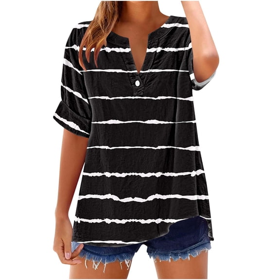 GERsome Women's Short Sleeve T Shirts Button V Neck Tops Casual Color Block Striped Tees Lightweight Soft Loose Fit Summer Shirts, Sizes S-2XL