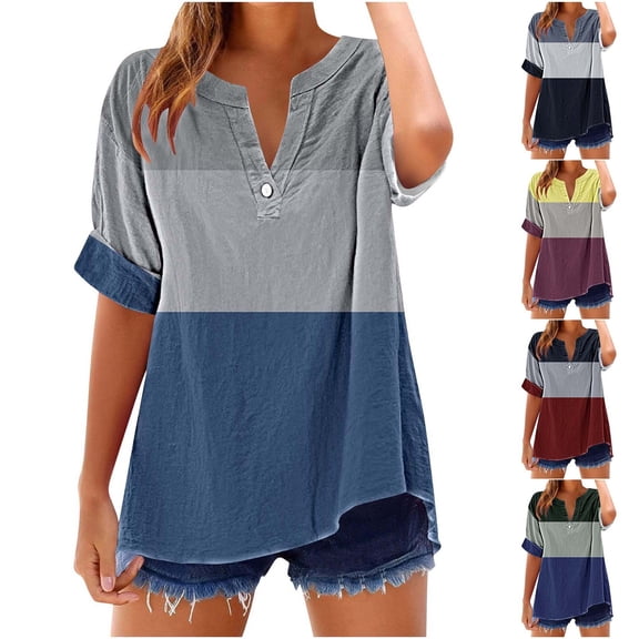GERsome Women's Short Sleeve T Shirts Button V Neck Tops Casual Color Block Striped Tees Lightweight Soft Loose Fit Summer Shirts, Sizes S-2XL