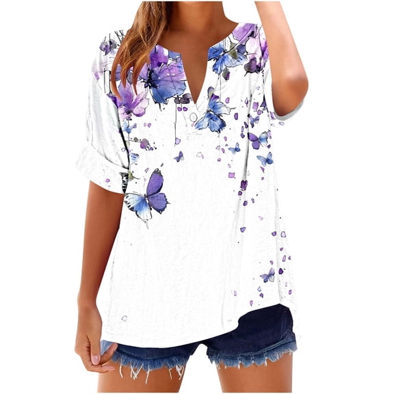 GERsome Women's Short Sleeve T Shirts Button V Neck Tops Casual Floral Tees Lightweight Soft Loose Fit Summer Shirts, Sizes S-2XL