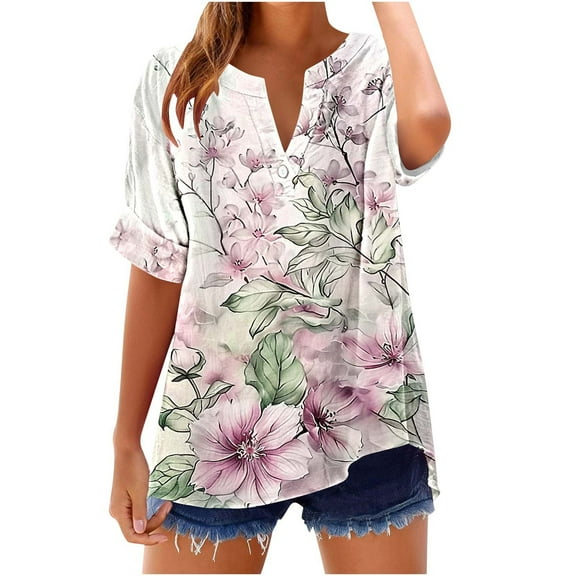 GERsome Women's Short Sleeve T Shirts Button V Neck Tops Casual Floral Tees Lightweight Soft Loose Fit Summer Shirts, Sizes S-2XL