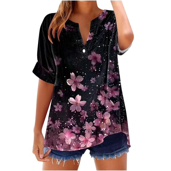 GERsome Women's Short Sleeve T Shirts Button V Neck Tops Casual Floral Tees Lightweight Soft Loose Fit Summer Shirts, Sizes S-2XL