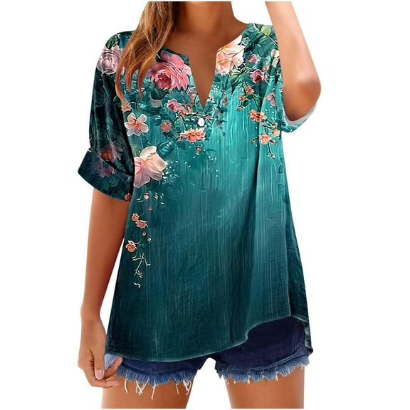 GERsome Women's Short Sleeve T Shirts Button V Neck Tops Casual Floral Tees Lightweight Soft Loose Fit Summer Shirts, Sizes S-2XL