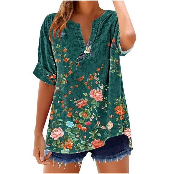GERsome Women's Short Sleeve T Shirts Button V Neck Tops Casual Floral Tees Lightweight Soft Loose Fit Summer Shirts, Sizes S-2XL