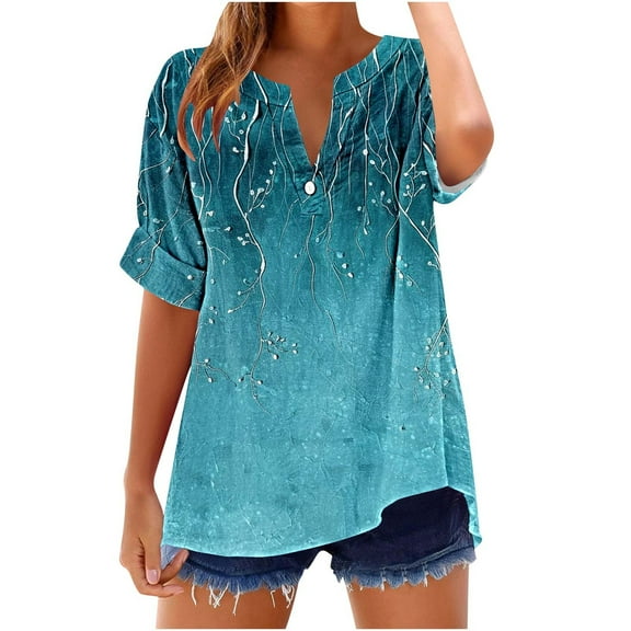 GERsome Women's Short Sleeve T Shirts Button V Neck Tops Casual Graphic Tees Lightweight Soft Loose Fit Summer Shirts, Sizes S-2XL