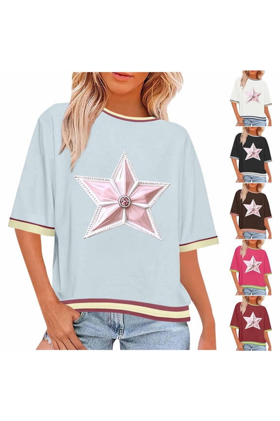 Women's Short Sleeve T-Shirts Crew Neck Crop Tops Summer Loose Fit Drop Shoulder Graphic Tees, Sizes S-3XL