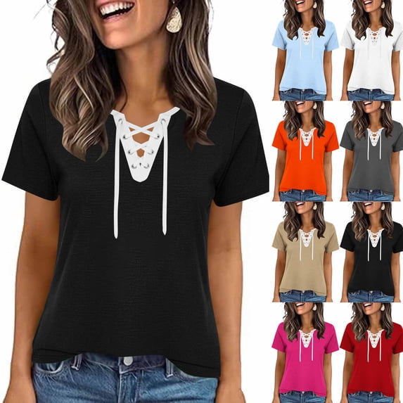 GERsome Women's Short Sleeve T-Shirts Criss Cross V Neck Loose Fit Casual Summer Tops,Black,Size L