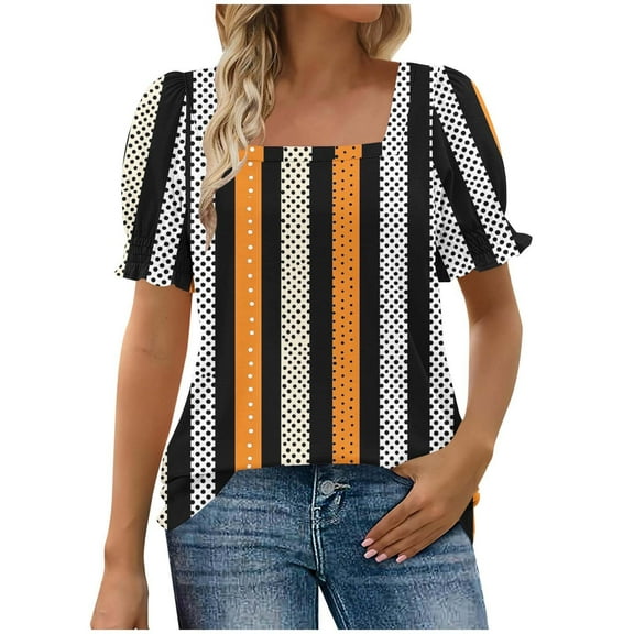 GERsome Women's Short Sleeve T-Shirts Summer Ruffle Floral Square Neck Loose Fit Tee Shirts Smocked Cuff Blouse, Sizes S-2XL