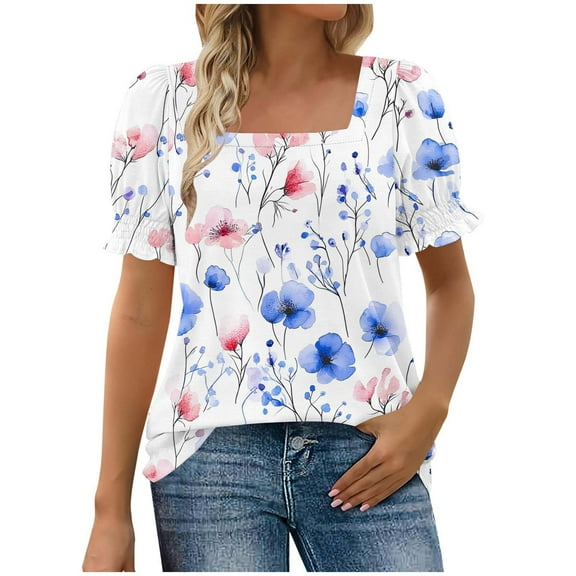 GERsome Women's Short Sleeve T-Shirts Summer Ruffle Floral Square Neck Loose Fit Tee Shirts Smocked Cuff Blouse, Sizes S-2XL