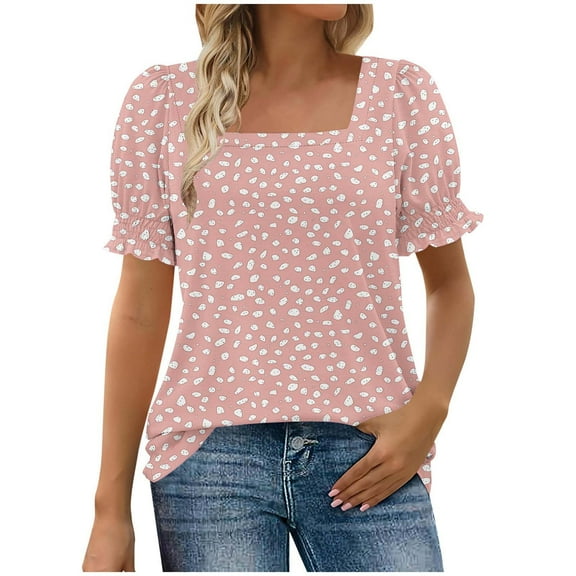 GERsome Women's Short Sleeve T-Shirts Summer Ruffle Floral Square Neck Loose Fit Tee Shirts Smocked Cuff Blouse, Sizes S-2XL