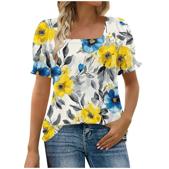 GERsome Women's Short Sleeve T-Shirts Summer Ruffle Floral Square Neck Loose Fit Tee Shirts Smocked Cuff Blouse, Sizes S-2XL