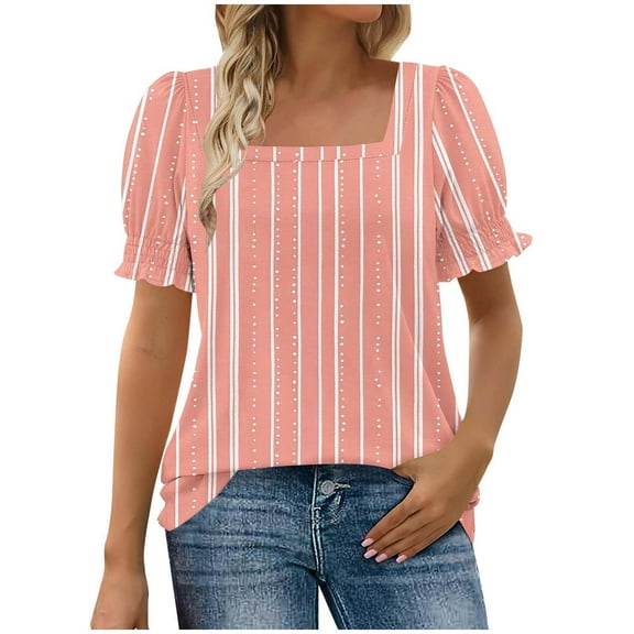GERsome Women's Short Sleeve T-Shirts Summer Ruffle Floral Square Neck Loose Fit Tee Shirts Smocked Cuff Blouse, Sizes S-2XL