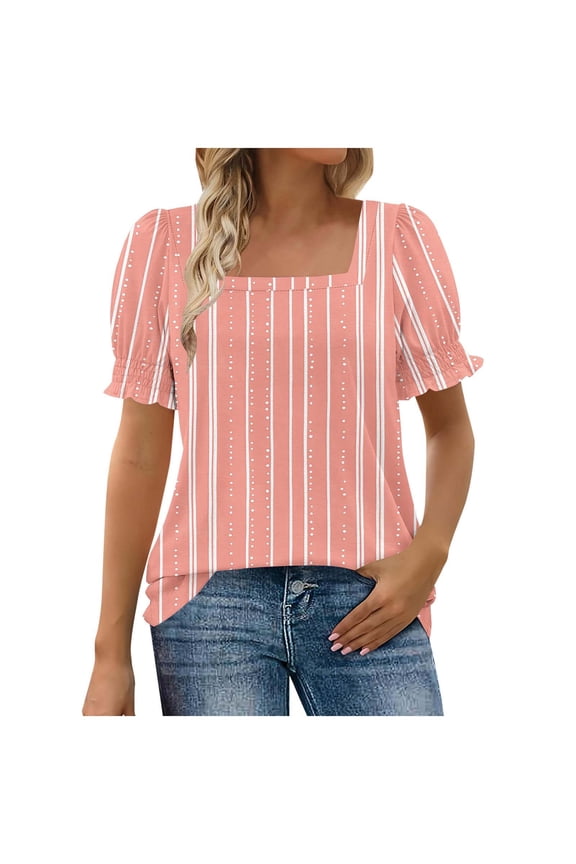 Women's Short Sleeve T-Shirts Summer Ruffle Floral Square Neck Loose Fit Tee Shirts Smocked Cuff Blouse, Sizes S-2XL