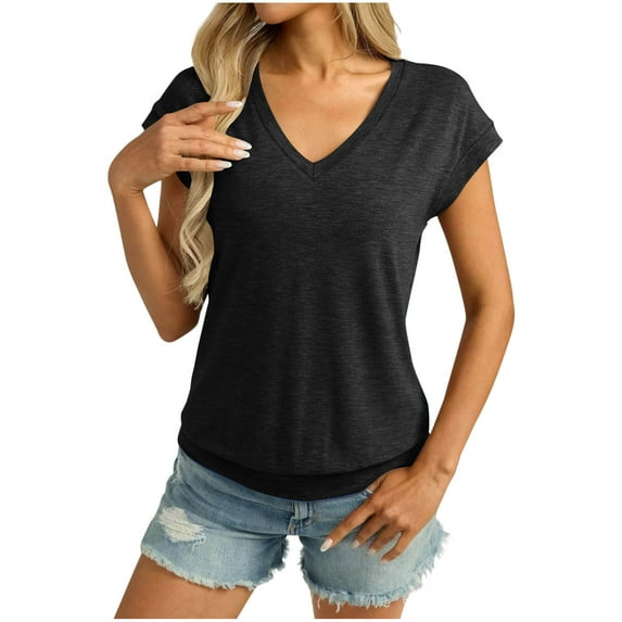 GERsome Women's Short Sleeve Tops Summer V Neck Solid Color T Shirts Casual Loose Fit Blouse, Sizes S-2XL