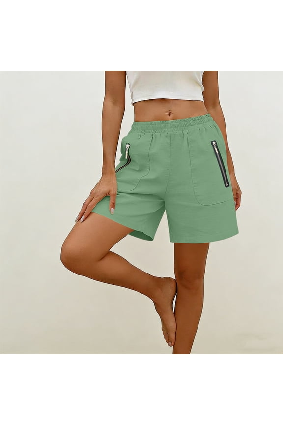 Women's Shorts with Zipper Pockets Elastic Waist Hiking Shorts for Outdoor Travel Green Size XL