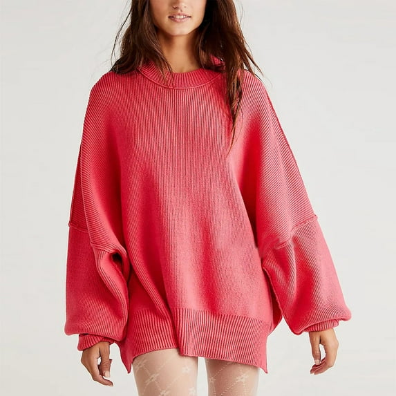 GERsome Women's Solid Color Knitwear Casual Long Sleeve Crewneck Pullover Side Split Sweaters Tunic Tops