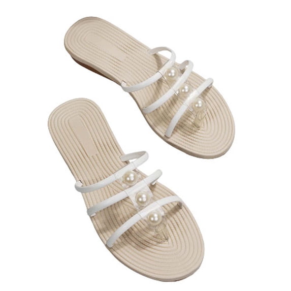 GERsome Women's Sparkle Pearl Flat Sandals Fashion Open Toe Jeweled Slides Slip on Rhinestone Bling Slippers