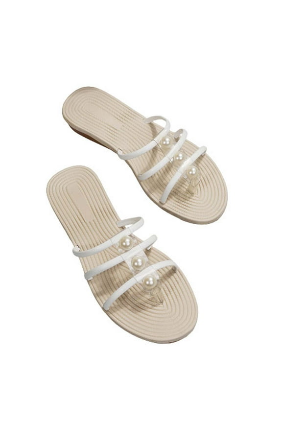 Women's Sparkle Pearl Flat Sandals Fashion Open Toe Jeweled Slides Slip on Rhinestone Bling Slippers
