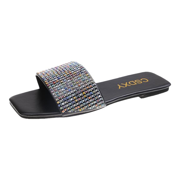 GERsome Women's Square Open Toe Flat Sandals Rhinestone Glitter On Casual Fashion Slippers Summer Beach Slip on Slipper Sandal