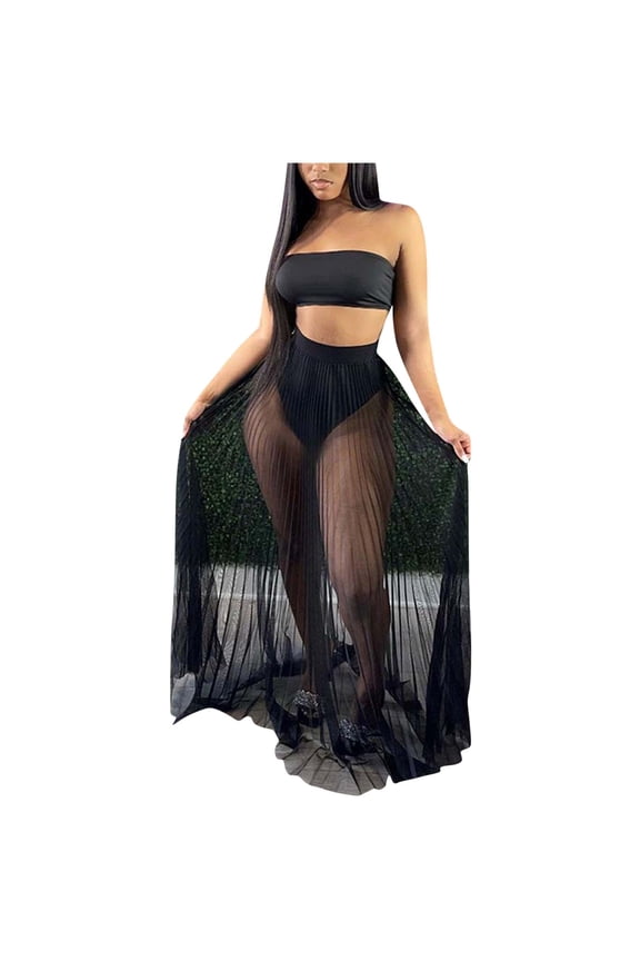 Women's Summer 2 Piece Outfit Crop Tube Tops and Mesh Long Skirt Set