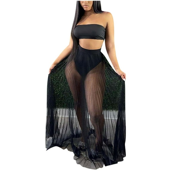 GERsome Women's Summer 2 Piece Outfit Crop Tube Tops and Mesh Long Skirt Set
