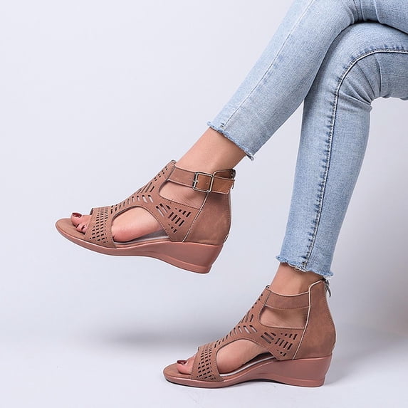 GERsome Women's Summer Sandals Cut-out Casual Slippers Wedge Heel Shoes Buckle Comfortable Sandals Trendy Gift Sandals