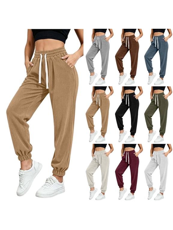 Women's Sweatpants Corduroy Drawstring Waist Lounge Athletic Jogger Pants with Pockets Khaki Size L