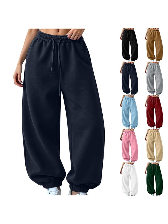 Women's Sweatpants Drawstring High Waist Baggy Jogger Pants Cuffed Ankle Loose Trousers with Pockets Navy Size M