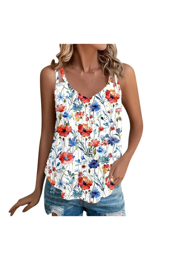 Women's Tank Tops Floral Print V Neck Sleeveless Blouses Summer Casual Trendy Top