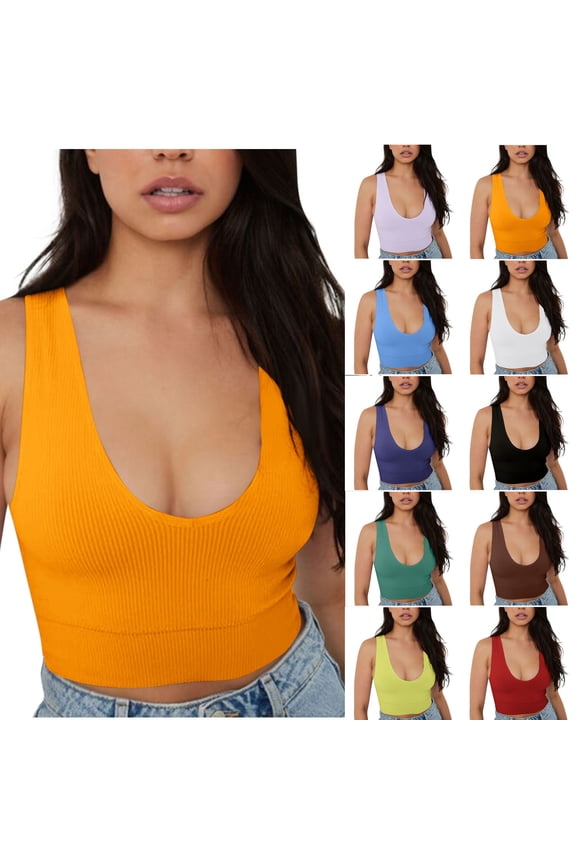 Women's Tank Tops Sleeveless Deep V Neck Crop Tops Summer Solid Color Slim-Fit Basic Athletic Workout Yoga Tee Shirts