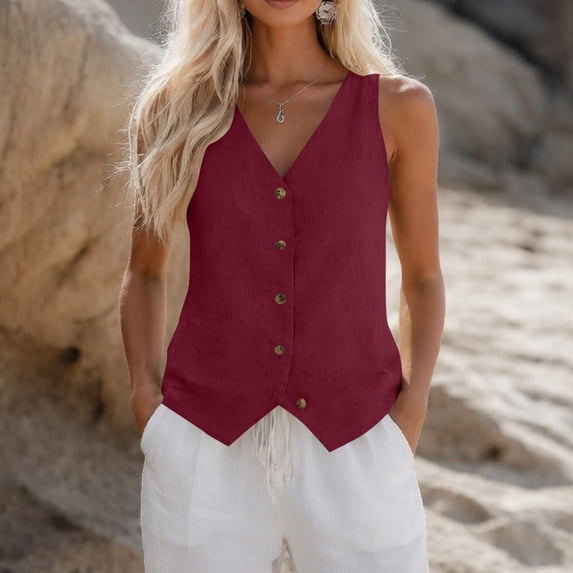 GERsome Women's Tank Tops V-Neck Button Down Sleeveless Cotton Linen T-Shirts for Summer Casual Wine Size 2XL