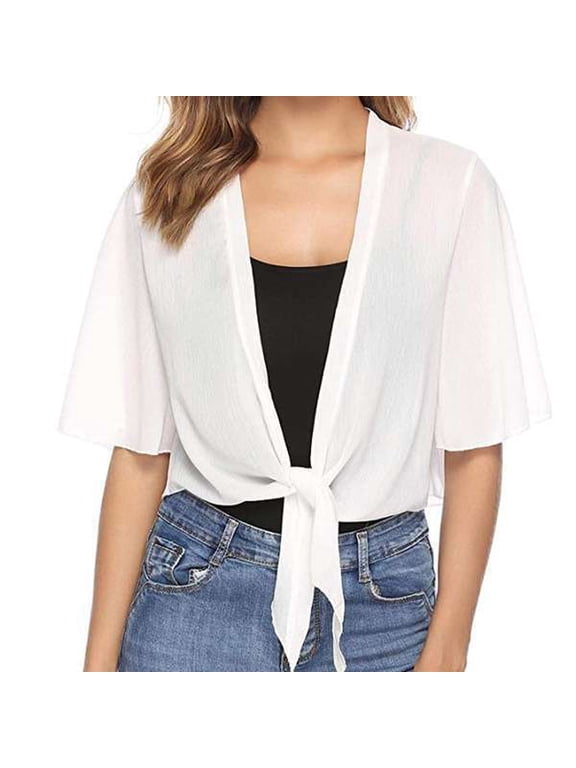 Women's Tie Front Bolero Cardigan Shrug Sweater 3/4 Sleeve Knotted Lightweight Short Shawl Top
