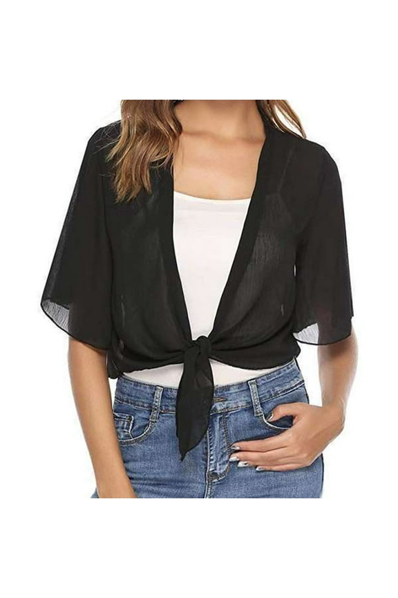 Women's Tie Front Bolero Cardigan Shrug Sweater 3/4 Sleeve Knotted Lightweight Short Shawl Top