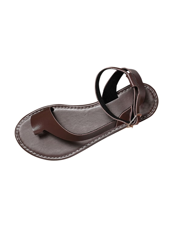 Women's Toe Ring Sandals Open Toe Ankle Strap Comfort Flat Flip-Flops Summer Slip On Beach Sandals, Brown Size 6