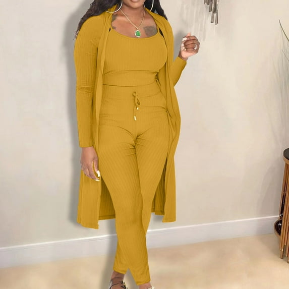 GERsome Women's Tracksuit Knitted Long-sleeved Blazer Coat Tank Long Pants Three Piece Sets Outfit