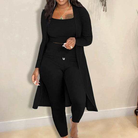 GERsome Women's Tracksuit Knitted Long-sleeved Blazer Coat Tank Long Pants Three Piece Sets Outfit
