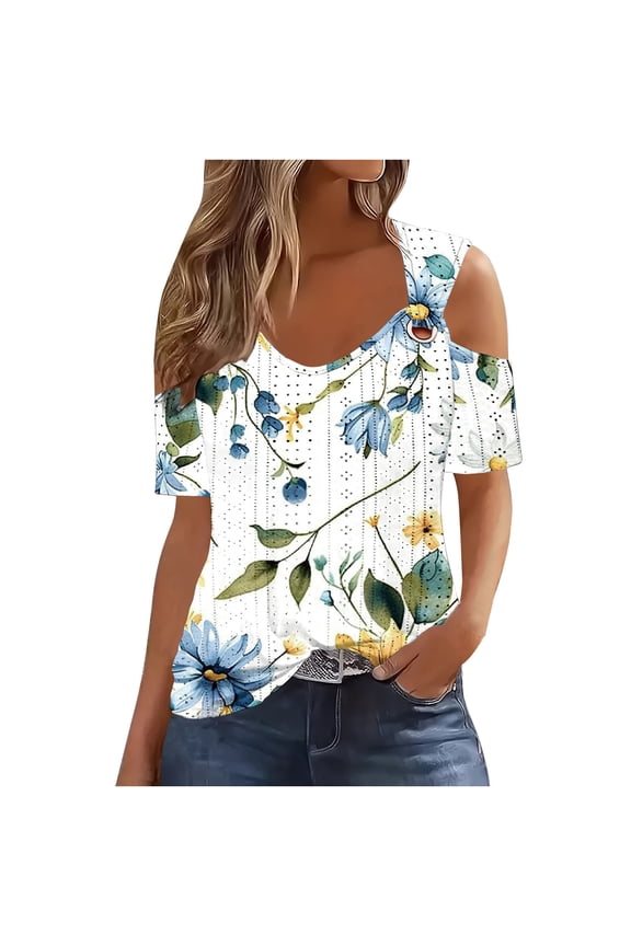 Women's V Neck 3/4 Sleeve Shirts Cold Shoulder Tops Basic Summer Tees