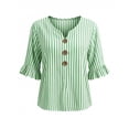 thumbnail image 1 of GERsome Women's V-Neck Button-Down Shirts with Ruffled 3/4 Sleeve Loose Fit Casual Striped Tops Green M, 1 of 5