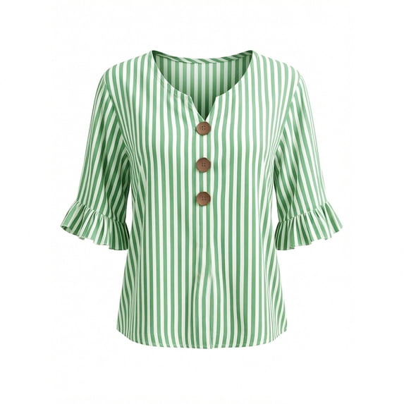 GERsome Women's V-Neck Button-Down Shirts with Ruffled 3/4 Sleeve Loose Fit Casual Striped Tops Green M