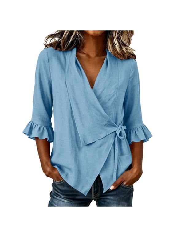 Women's V Neck Ruffled 3/4 Sleeve Shirts Cotton Linen Side Lace Up Loose Tops Solid Color Casual Tees Light Blue M