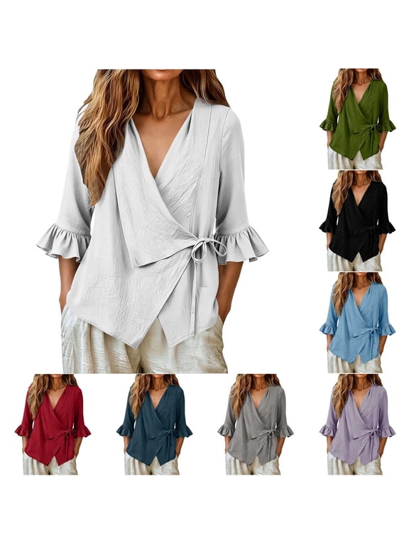 Women's V Neck Ruffled 3/4 Sleeve Shirts Cotton Linen Side Lace Up Loose Tops Solid Color Casual Tees White L
