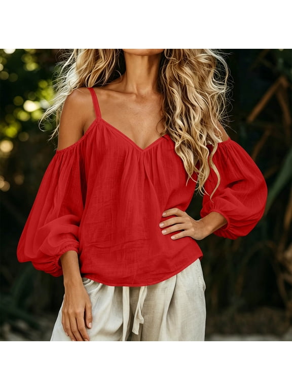 Women's V-Neck Shirts Off Shoulder Puff Long Sleeve Casual Comfy Cotton Pullover Tops Solid Color Loose Fit Red L