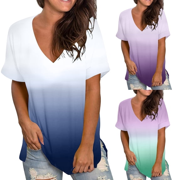 GERsome Women's V Neck T Shirts Casual Rolled Short Sleeve Side Split Summer Tops Loose Fit S-XXL