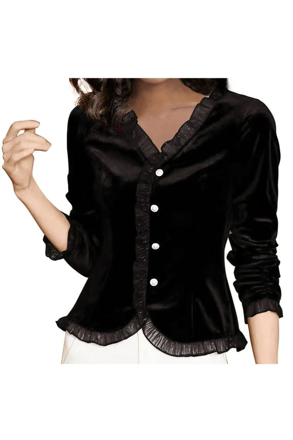 Women's Velour Ruffled Sweatshirts V-neck Long Sleeve Casual Button Soft Shirts Velvet Tops